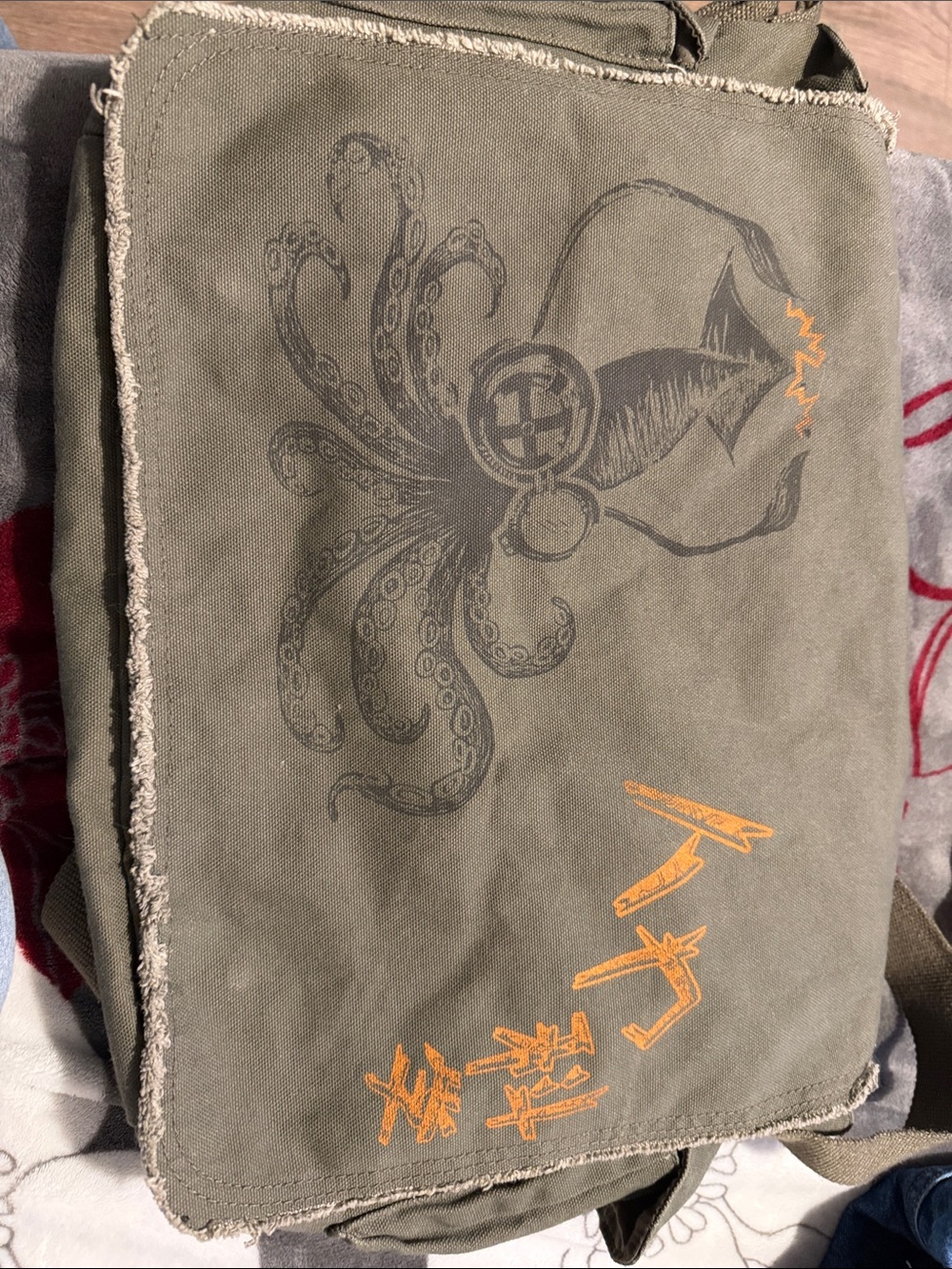True Religion Olive Green Cargo Pants with Graphic Octopus Print